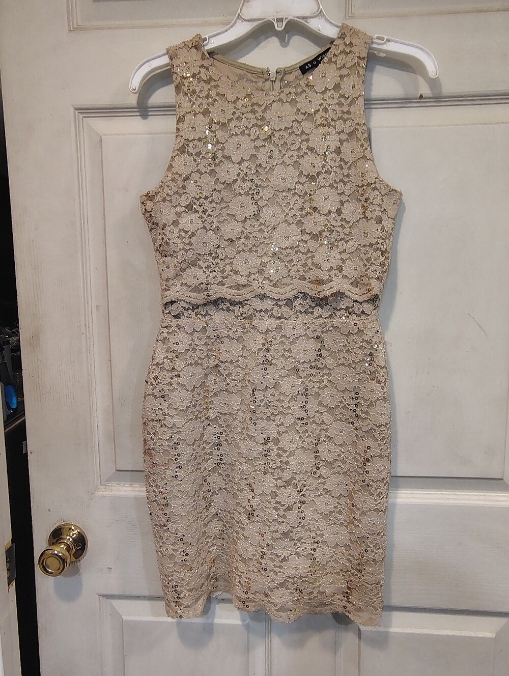As U Wish Women's Size S Gold/Cream Lace Dress